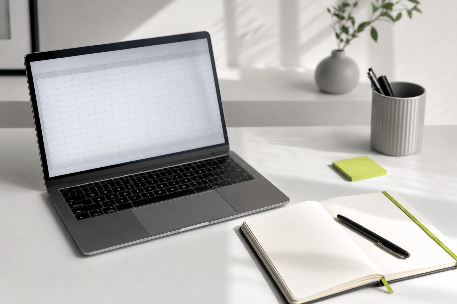 Laptop showing a simple tracking table beside a notebook