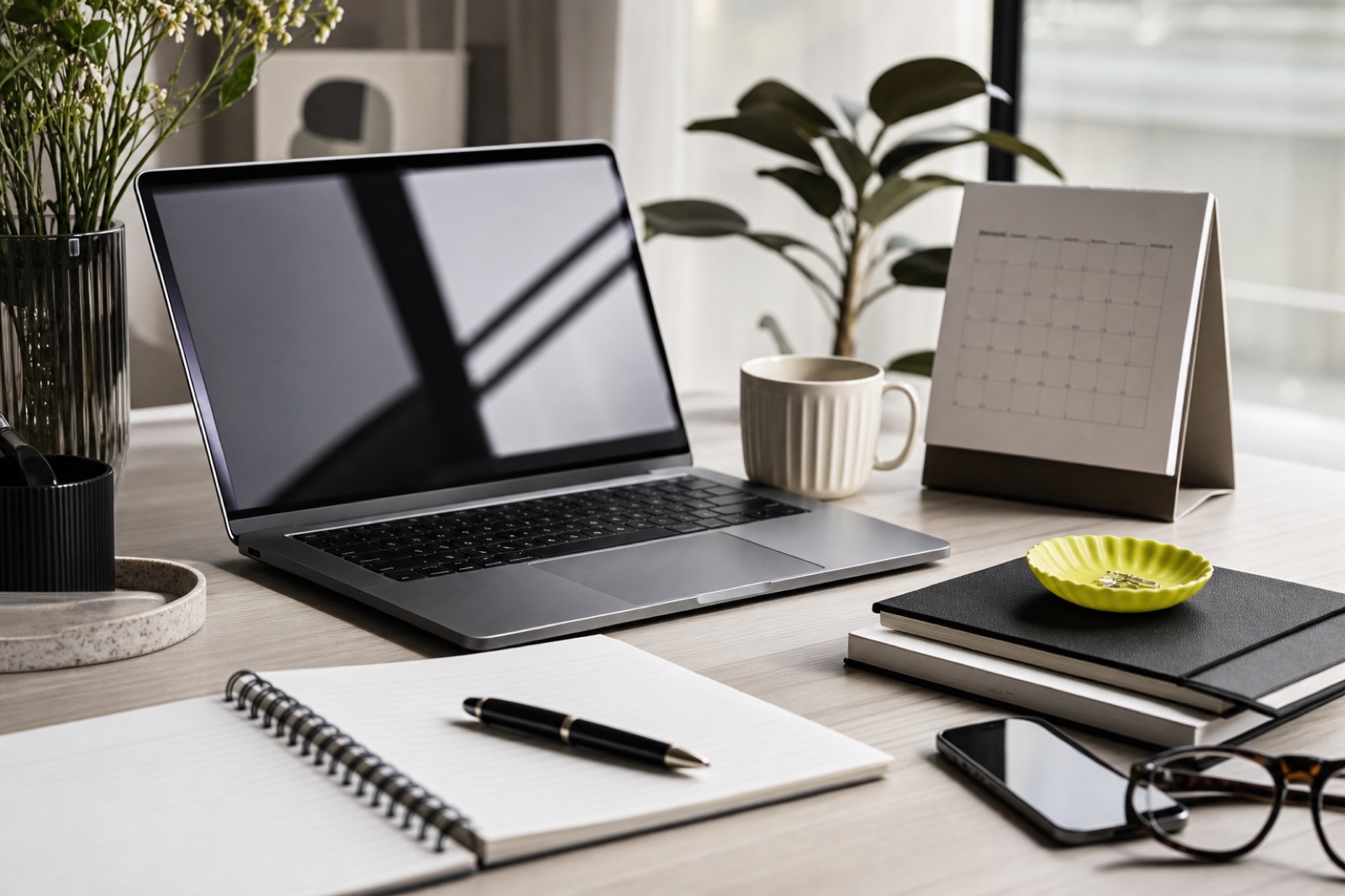 Creator operations desk with laptop, calendar, and campaign notes